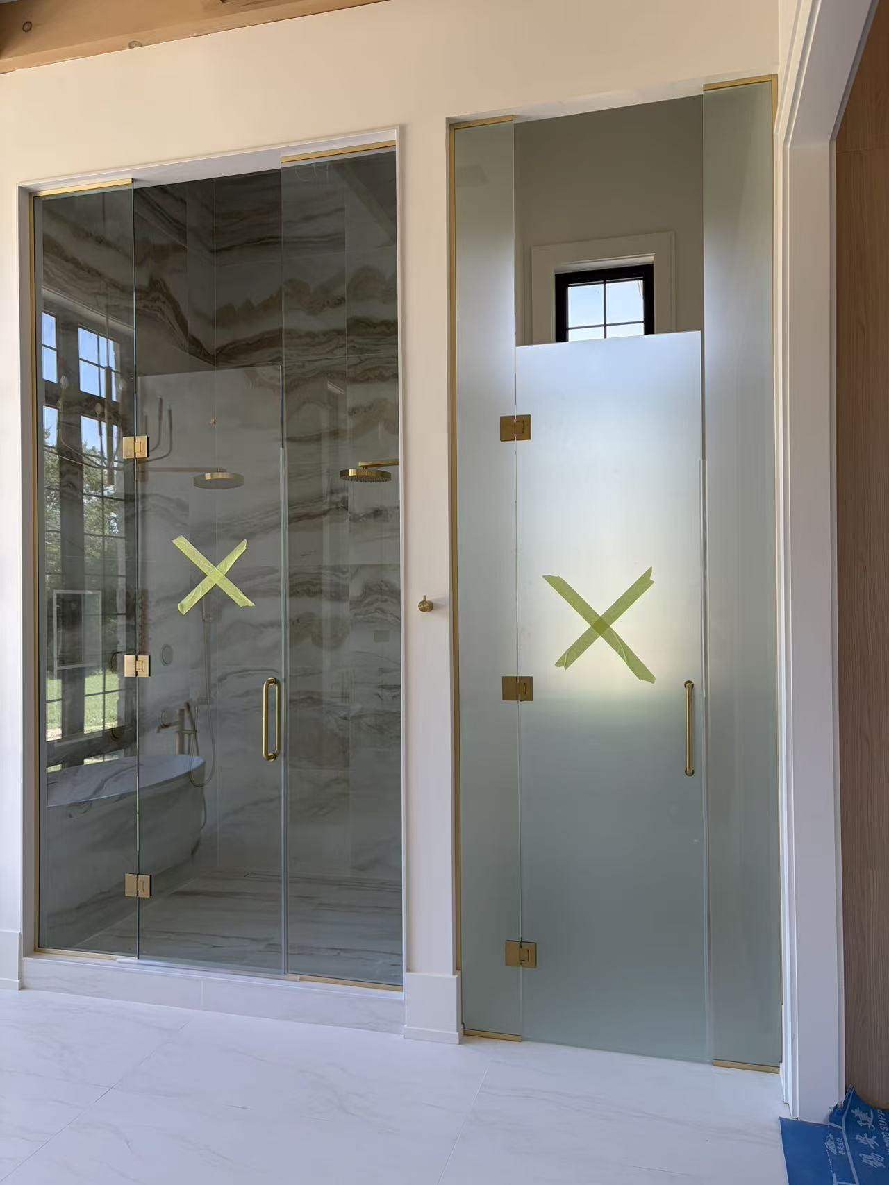 Shower and frosted privacy door